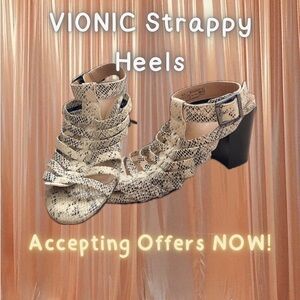 Vionic Snakeskin Strappy Heels - Cream and Black